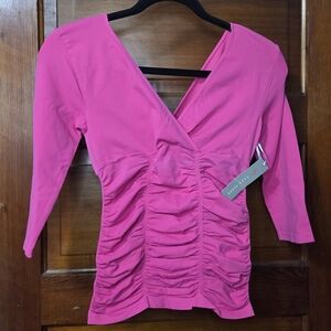 NWT Last Tango Hot Pink Ruched Form Fitting V-Neck Top 3/4" Sleeves (Sz S/M)